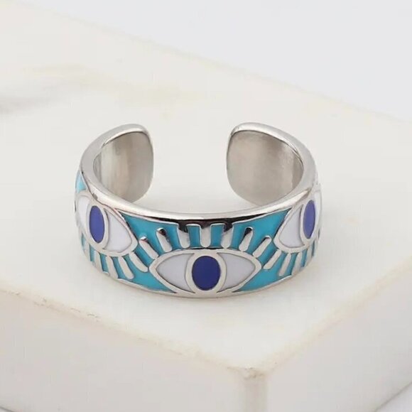 Boho Evil Eye Enamel Adjustable Ring #1306 BLACK - Picture 11 of 13
